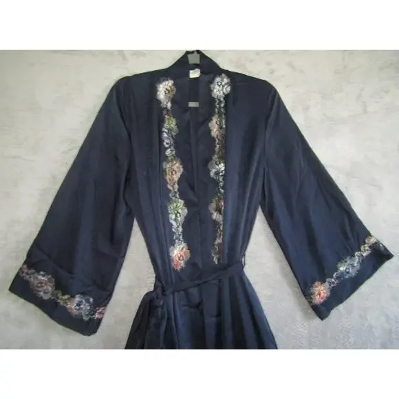 Natori Navy Floral Embroidered Kimono Robe Women's Medium Belted Satin Loungewea - Picture 2 of 9